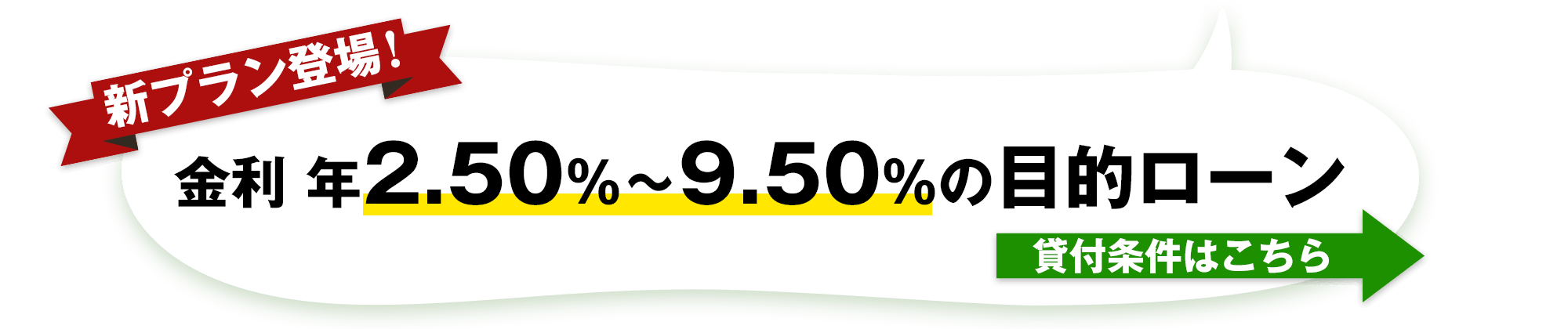 新プラン登場！金利2.50％～9.50％の目的ローン 貸付条件はこちら